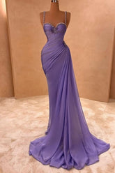 Elegant Purple Mermaid Sweetheart Spaghetti Strap Beaded Sleeveless Ruffle Chiffon Evening Dresses